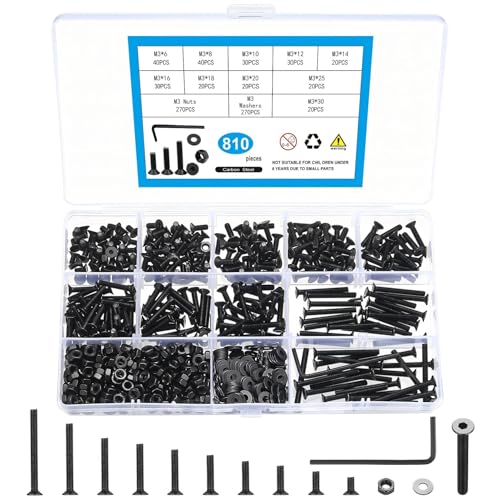 KOXXIAMOQ 810-piece M3 metric screw assortment with black countersunk hex socket screws, nuts, washers, and wrench