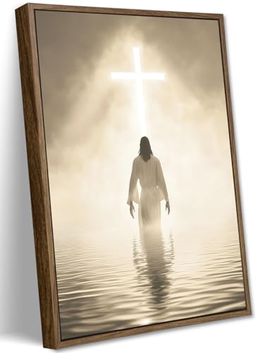 Jesus Walking on Water Canvas Wall Art - Modern Framed Christian Decor, Divine Light Toward Holy Cross, Spiritual Religious Pictures for Prayer Room, Church, Home Office (12x16in) Framed-2 16"L x 12"W