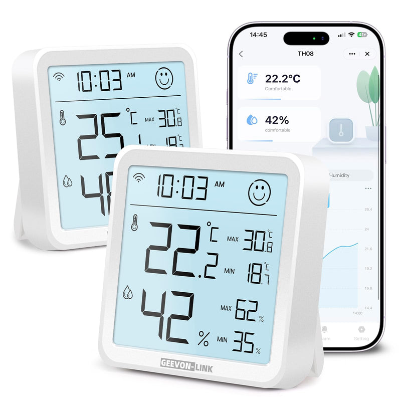 2Pack Indoor Hygrometer Thermometer, Bluetooth WiFi Humidity Temperature Gauge with Large LCD Display, Notification Alert with Max Min Records, Data Storage Export for Room Greenhouse 2