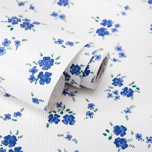 RAY STAR 18 Inch x 8 Ft Shelf Liner for Kitchen Cabinets, Non-Adhesive Cabinet Liner Washable, Drawer Liner for Dresser Non-Slip Bathroom [Blue Cream Floral](4 Rolls) Forget-me-not 18"W x 96"L 4