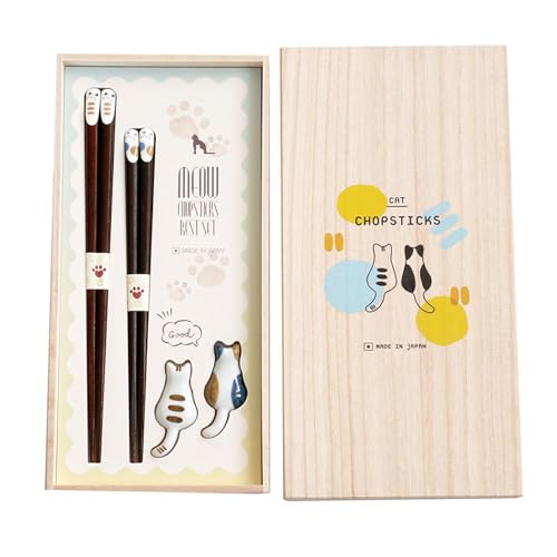 Ishida Cat Couple Chopsticks Gift Set, 2 Pairs Wooden Chopsticks & 2 Ceramic Cat Chopstick Rests, Wooden Gift Box, Made in Japan (9.1 in (23 cm) & 8.3 in (21 cm))