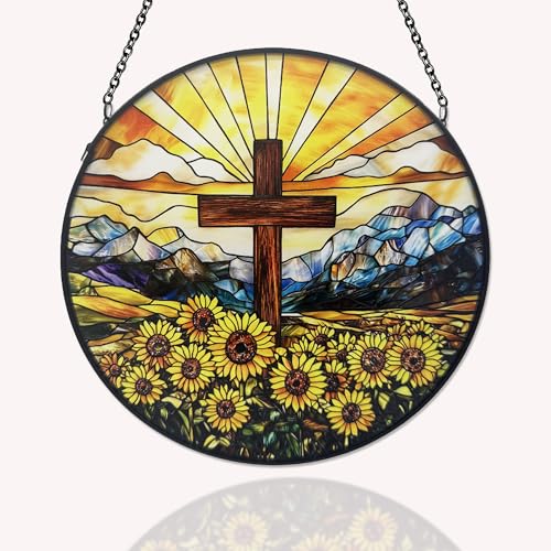 Christian Suncatcher Stained Glass, Christian Suncatcher for Women, Cross Suncatchers for Windows Hanging (UV Printed) Cross 2
