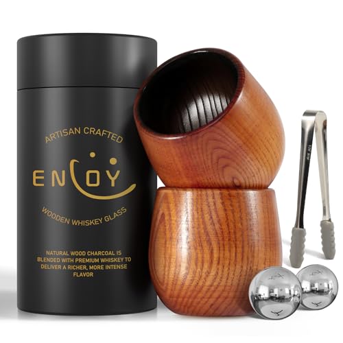 ENLOY Charred Wooden Bourbon Drinking Glass Set with Ice Stones & Tongs