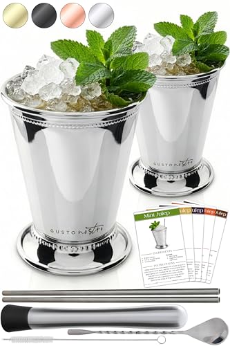 Gusto Nostro Mint Julep Cups Set of 2 - Stainless Steel Julep Cup Kit with Straws, Muddler, Spoon,Recipes, Vases - Southern-style Cocktail Glasses for Home Bar - Stainless Steel Cocktail Cups (Silver) Silver