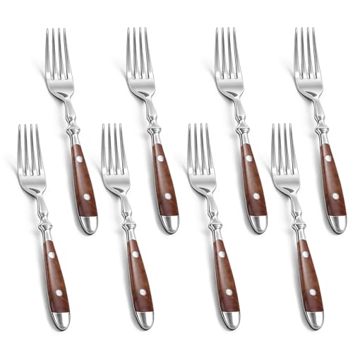 Dinner Forks, 8-Pack Stainless Steel with Wood Grain Bakelite Handle, 7.9 Inches for Salad, Noodle, Dishwasher Safe