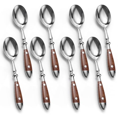 8-Pack Teaspoons, Stainless Steel Coffee & Dessert Spoons Set, 6.7 Inches with Wood Grain Bakelite Handle for Tea, Sugar, Yogurt & Ice Cream, Mirror Polished, Dishwasher Safe