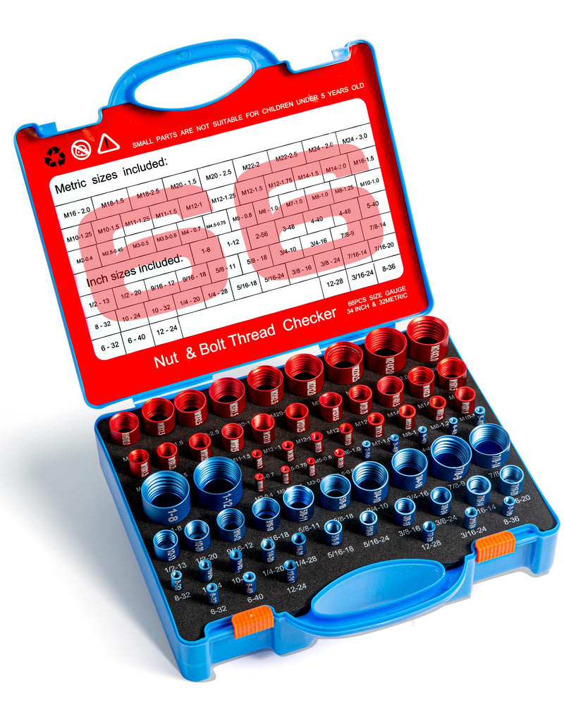 66 Nut and Bolt Thread Checker with Storage Box, Thread Checker Measuring Tool(32 Metric & 34 Standard), Bolt Size and Thread Gauge Finder Suitable for inspecting in Narrow and Tricky Areas