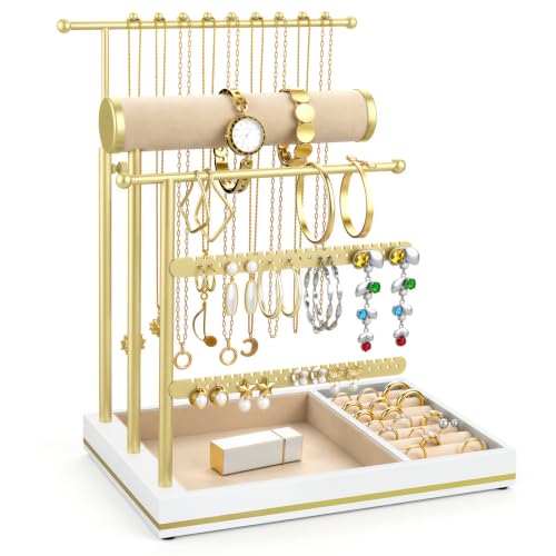 Emibele Necklace Holder Jewelry Organizer Stand, 5 Tier Jewelry Holder White & Gold
