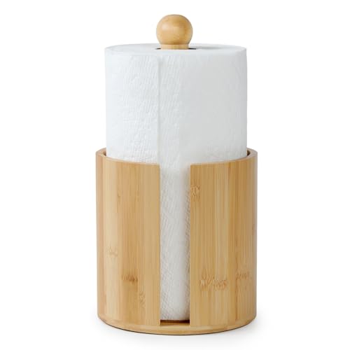 Gobam Bamboo Paper Towel Holder Countertop, Stable Wooden Kitchen Roll Holder with Smooth-Pull Sheet & Anti-Slip Pads, Fits Rolls up to Ø6.3, Wood Standing Towel Dispenser for Farmhouse Home Decor