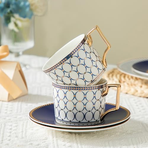 CwlwGO-Bone China Cups & Saucers Set 2, (7 oz) with Gold Spoon and Gifts Box, White Tea Cups Sets, Cappuccino Cups, Ceramic British Coffee Cup Set. blue white-2