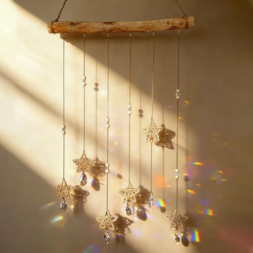 Sun Catcher Indoor Window Rattan Stars and Crystal Suncatcher for Windows Hanging Boho Home Wall Whimsical Decor