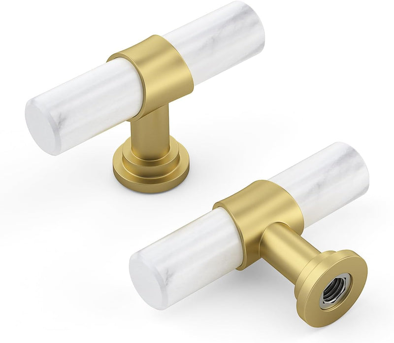 Haliwu 15 Pack Singel Hole Center Black Cabinet Pulls Black&Gold Cabinet Handles, Barrel Gold Dresser Drawer Pulls for Kitchen Hardware T-Bar Knob White Marble & Matte Gold