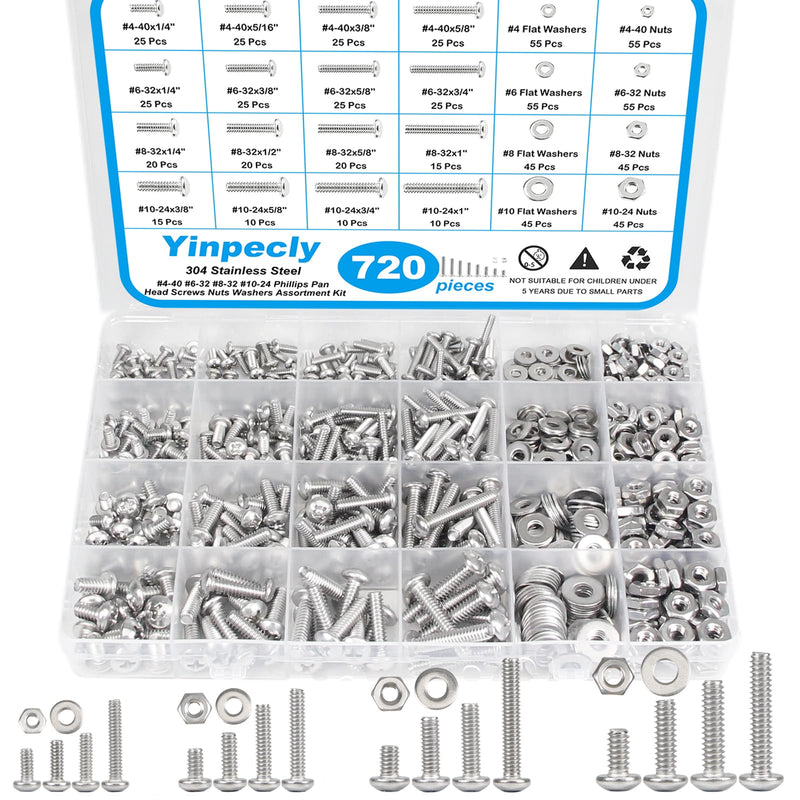 720pcs #4-40#6-32#8-32#10-24 Phillips Pan Head Machine Screws Nuts Washers Assortment Kit,304 Stainless Steel, Coarse Thread, Fully Machine Thread #4-40 #6-32 #8-32 #10-24