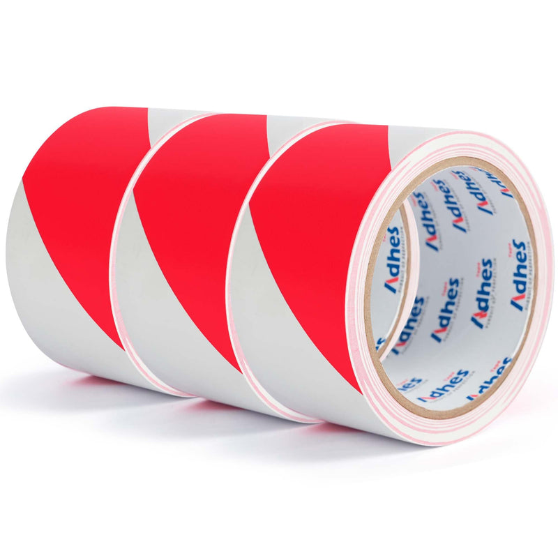 ADHES Red White PVC Safety Tape 3Rolls, 2in x 54ft, High Visibility Hazard Tape for Outdoor Construction Warning, Self Adhesive Warning Tape for Steps 2in x 18yd red and white 3