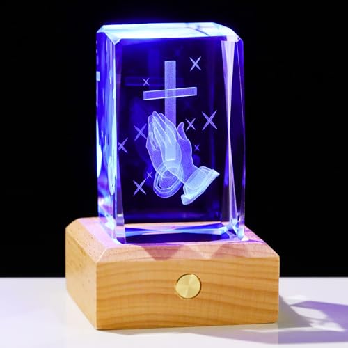 Arikyrist 3D Crystal Praying Hands Statue with Wooden Colorful LED Base Praying Hands With Cross