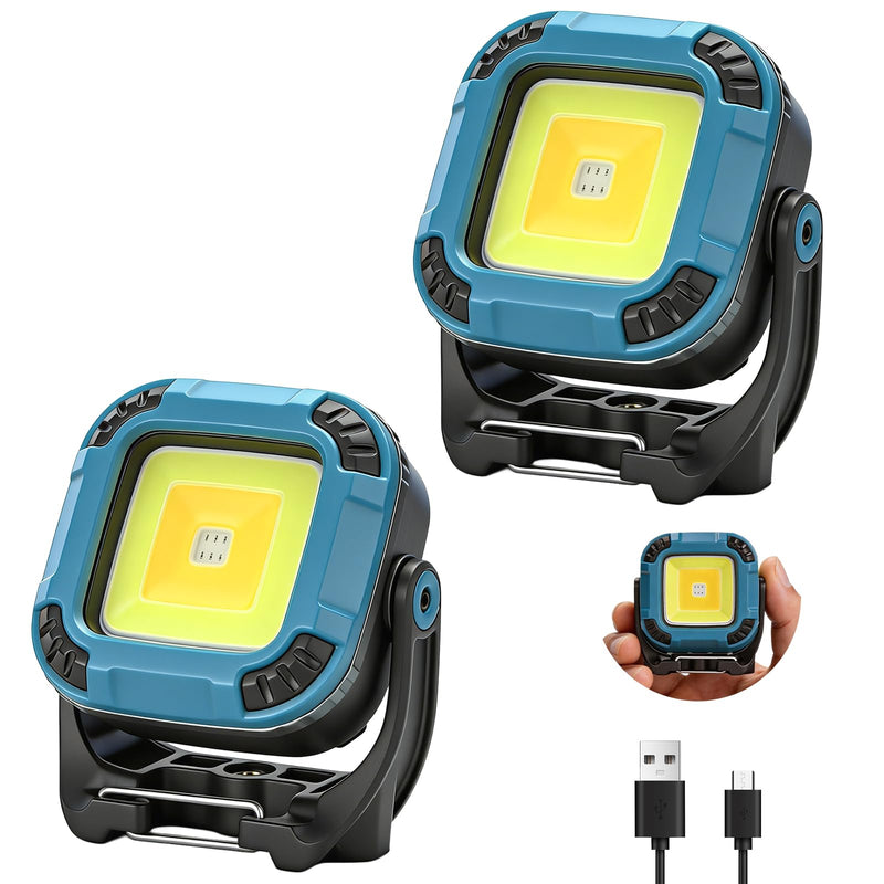 2 Pack Rechargeable Work Light, 1100LM Magnetic Light with Strong Magnet & Hook, IP65 Waterproof, 2.8oz Portable LED Work Light for Car Repair, Job Site Lighting, Emergency(Blue) 2 Pack Blue