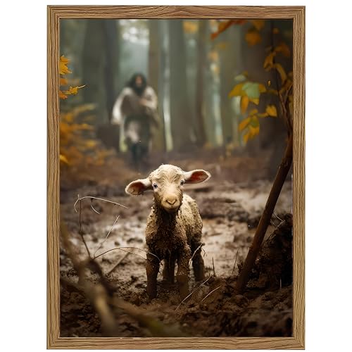 Christian Wall Art, Jesus the Good Shepherd Canvas Painting, Lost Sheep Biblical Scene, 3D Textured Sandstone Style Wood Framed Artwork for Living Room Prayer Room Bedroom 36x24 Ready to Hang Jesus Running After Lost Lamb 36"L x 24"W