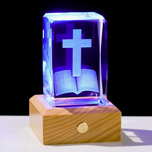 Arikyrist 3D Crystal Cross and Bible Gifts with Wooden Colorful LED Base