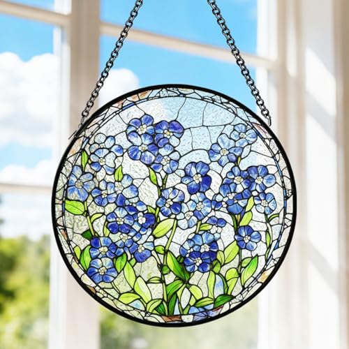 8 Inch Handmade Forget Me Not Stained Glass Suncatcher, Blue Floral Window Hanging Decor, Memorial Gift for Plant Lovers, Couples, Best Friends & Family Forget-me-not