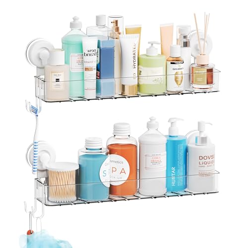 Clear 2 Pack Acrylic Shower Caddy Suction Cup,No Rust Bathroom Organizers and Storage Holder,Plastic Wall Mounted Shower Shelves,Bathtub Storage Organizer,Shampoo and Conditioner Holder for Washroom Clear