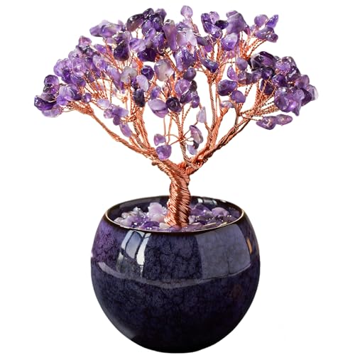 Runyangshi Amethyst Crystal Tree, Natural Tree of Life Gemstone Tree Handcrafted Crystal Gravel Ornament, Spiritual Feng Shui Home Decor, Luck Prosperity Abundance Gift for Women Purple