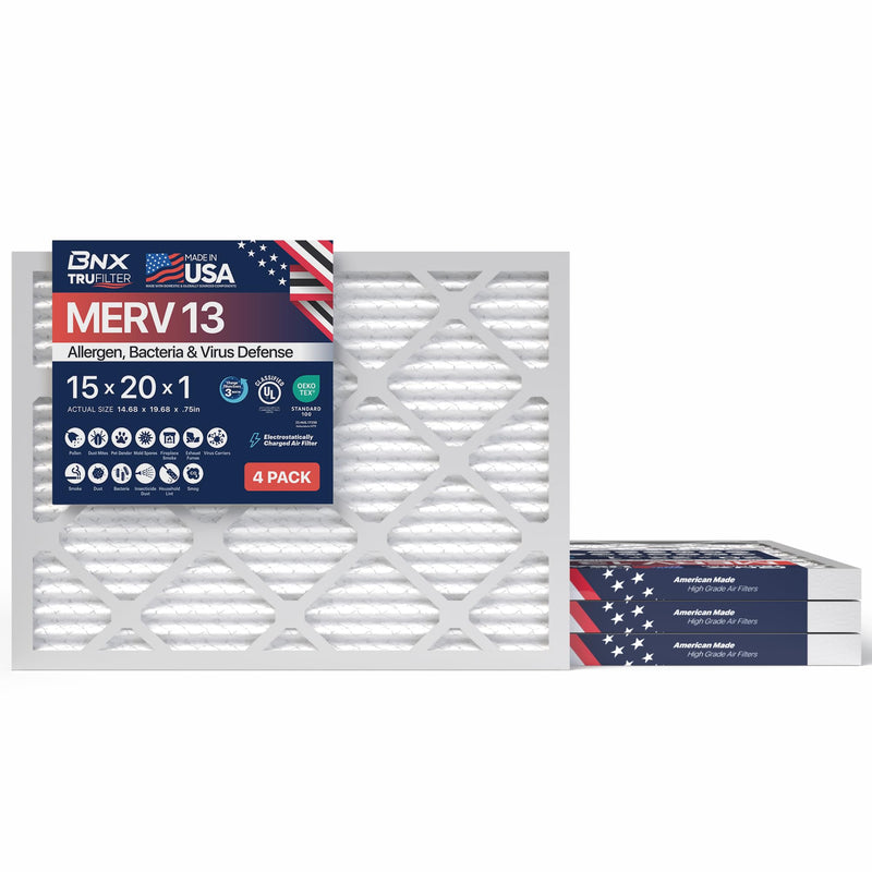 BNX TruFilter 15x20x1 Air Filter MERV 13 (4-Pack) - MADE IN USA - Electrostatic Pleated Air Conditioner HVAC AC Furnace Filters for Allergies, Pollen, Mold, Bacteria, Smoke, Allergen, MPR 1900 FPR 10