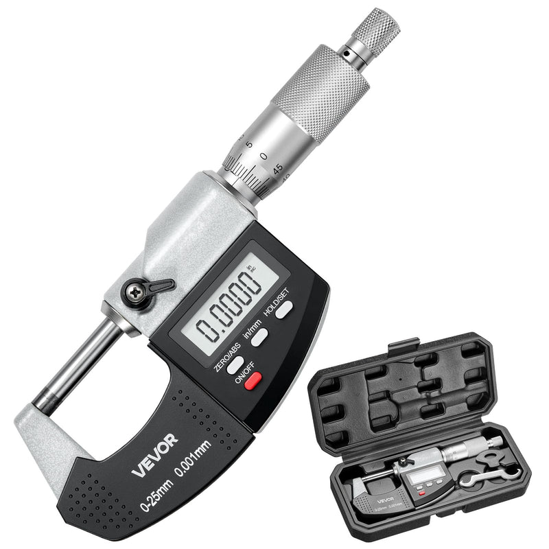 VEVOR Micrometer, Digital Micrometer, Measuring Range 0-25.4mm, Resolution 0.001mm, Highest Precision 0.003mm Accuracy, LCD Display, Inch/mm Switching, Carbide Tip, with Case
