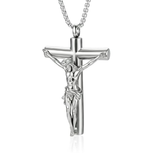 Jesus Urn Necklace for ashes for Men Women Stainless Steel Cremation Jewelry for Ashes for Memorial Silver