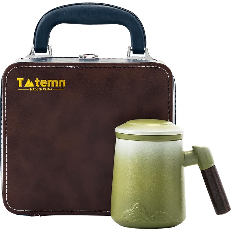 Tmtemn 12oz wood handle tea mug with infuser lid, perfect for brewing and enjoying tea, packed in a gift box.