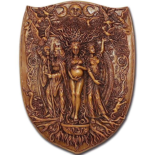 Pinra Triple Moon Wall Decor Pagan Wiccan Triple Goddess Maiden Mother Crone Shield Statue Celtic Wall Art Irish Feminism Gods Hanging Shield Wall Plaque Sculpture Khaki