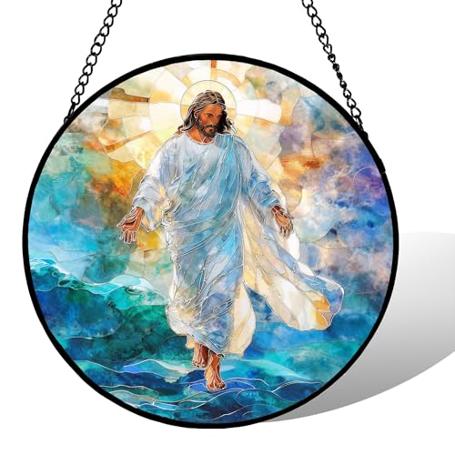 Jesus Stained Glass Sun Catcher 7.88 Inch Home Decor Gift Ocean + Jesus