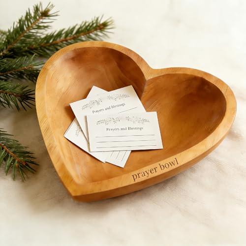 8 Inch Wooden Heart Prayer Bowl with 12 Cards, Rustic Cross Carved Decor