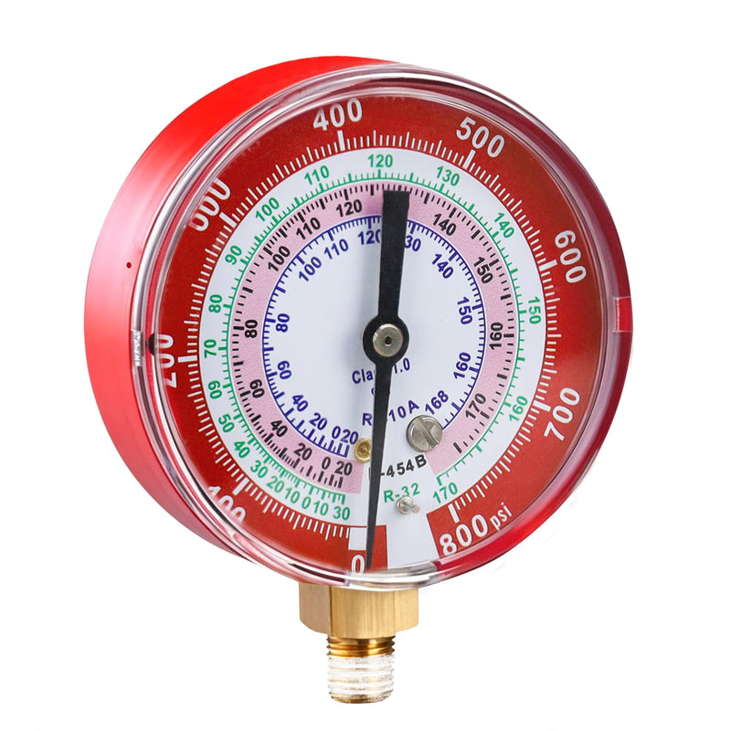 Upgrade 49117 A2L Manifold Gauge - Red, 3-1/8" (80 mm) Gauges, Compatible with R32, R454B, R410A Professional HVAC/R Tool, Working Pressure 0-800 PSI, Npt Thread, Color-Coded Scales