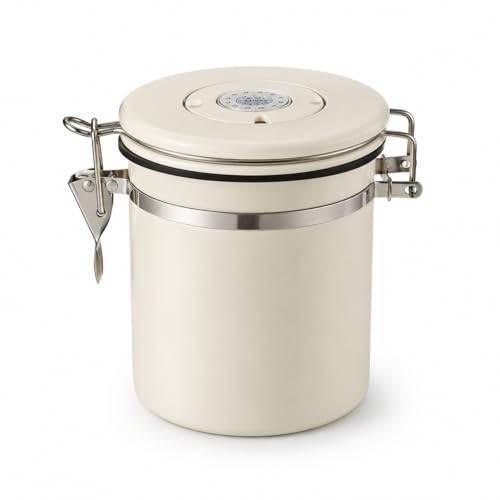 MEGAWISE EGAWISE Coffee Canister, 1.5L Airtight Stainless Steel Coffee Container with CO2 Valve, Date Tracker, Locking Lid, 304 Inner Bowl for Coffee Beans, Grounds, Tea, Sugar, Cream White 1.5 liters