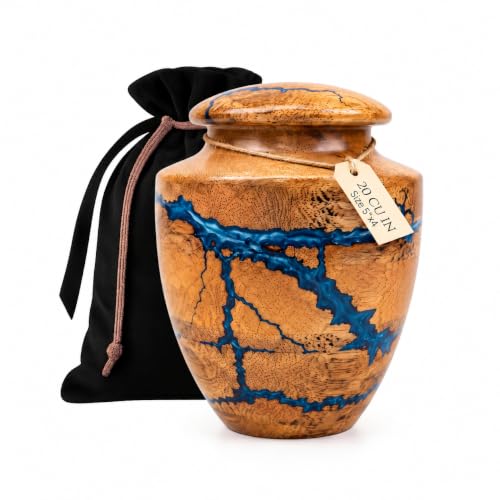 Wooden Handcrafted Urn (Small Keepsake (20 lbs)) in Capacity. Decorative urn for Ashes Blue Raising Urn for Man and Women Burial and Funeral Urn Handcrafted Unique Fractal Burning Design Small keepsake (20 lbs)