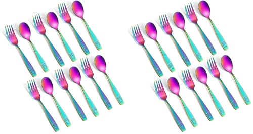 Pimoys 12 Pieces Toddler Utensils Kids Rainbow Silverware Set, Stainless Steel Childrens Safe Forks and Spoons, Metal Kids Cutlery Set, Dishwasher Safe (Pack of 2) small (Pack of 2)