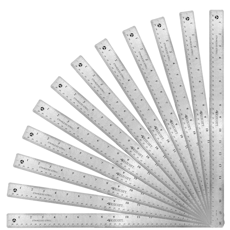 Westcott Stainless Steel Ruler Set with Non-Slip Cork Backing, Easy to Read Etched Markings, Flexible and Sturdy Design for Crafting, Office, Classroom, School Supplies, 18-Inch, 12-Pack 18" (Pack of 12)