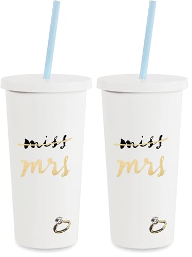 kate spade new york Acrylic Bridal Tumbler with Lid and Straw, 20 oz Tumbler for Bride to Be, Slim Double Wall Tumbler, Miss to Mrs. (White) (Pack of 2) 20 Ounces (Pack of 2)