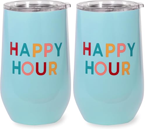 kate spade new york Insulated Stainless Steel Wine Tumbler, 16 Ounce Double Wall Tumbler, Stemless Travel Cup with Lid (Happy Hour) (Pack of 2)