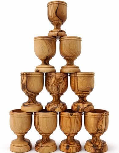 Zuluf Olive Wood Communion Wine Cup Set, 10 Count, 2.8 Inch Small Goblets, Handcrafted Bethlehem Holy Land, Eucharist Church Chalice Cups for Christian Worship & Religious Ceremony
