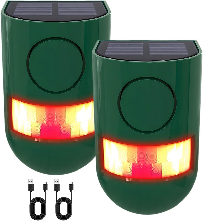 ChunHee Solar Motion Sensor Alarm Outdoor 4 Working Mode Motion Activated Alarm 129dB Loud Sound Noise Maker IP65 Waterproof Motion Detector with Strobe Light for Yard Farm Garden 2PC Green-2 PC