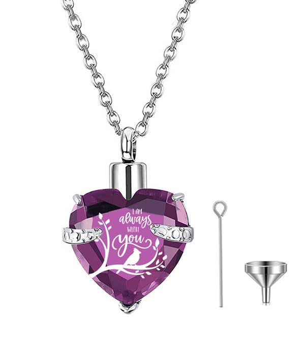 Q&D&S Crystal Urn Necklace for Ashes, Heart Birthstone Memorial Cremation gift Jewelry for Women purple