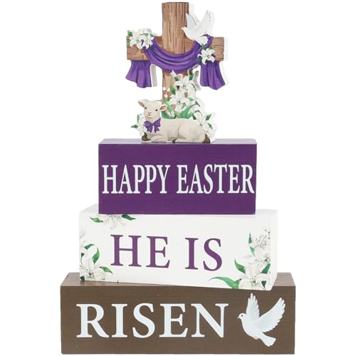 4 Pcs He Is Risen Wooden Table Sign Christian Table Centerpiece Religious Cross Easter Tiered Tray Decor Rustic Farmhouse Wooden Stack Block Signs for Home Kitchen Shelf