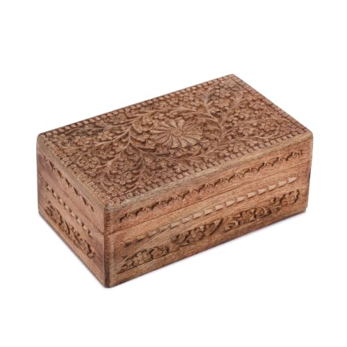 Ajuny Wooden Jewelry Box Flower Carved Decorative Chest Storage 10 Inch