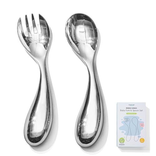 KINGSTONE 2 Pcs Toddler Utensils with Curved Handle, 18/10 Stainless Steel Silver 2-Piece