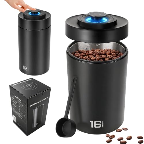 Black ROTTOGOON auto vacuum coffee canister with 1.3L capacity, electric bean storage container for fresh coffee preservation
