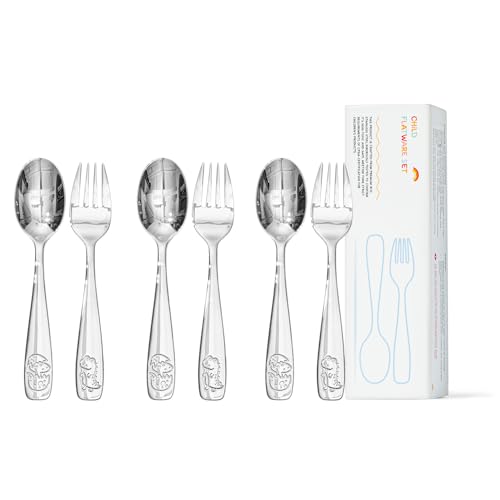 KINGSTONE 6 Pieces Toddler Utensils Set, 18/10 Stainless Steel, Dinosaur Cute Dinosaur 6-Piece (Small)