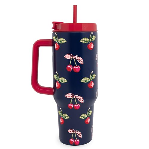 Vera Bradley 40 Ounce Double Wall Stainless Steel Insulated Tumbler with Handle and Straw, 40 oz Cup, Metal Cup for Hot or Cold Drinks (Cherry Picking)