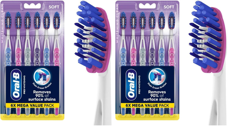 Oral-B 3D White Deep Stain Remover toothbrushes,Toothbrush Soft,Removes 90% of Surface Stains,whitens Teeth,deep Reach,removes Plaque and Stains Tooth Brush,6 Count (Pack of 2) Multicolor 6 Count (Pack of 2)