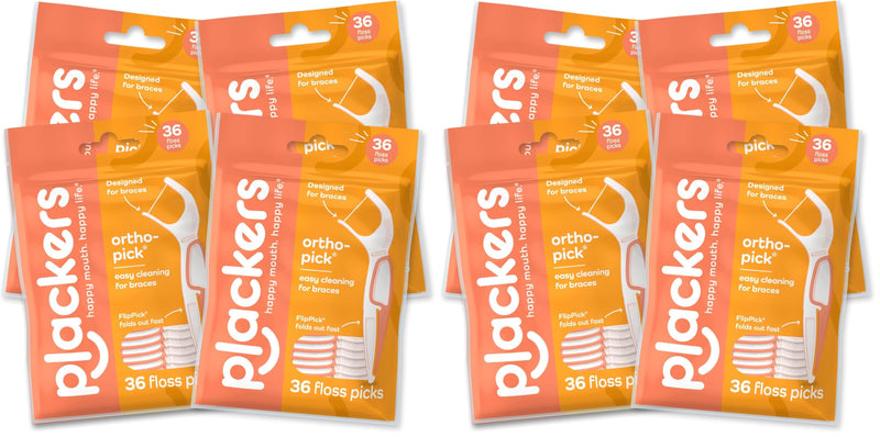 Plackers OrthoPick® Floss Picks Designed for Braces, Tuffloss® Made Without PTFE, FlipPick® Clean Between Brackets, 36 Count (8 Pack) 36 Count (Pack of 8)